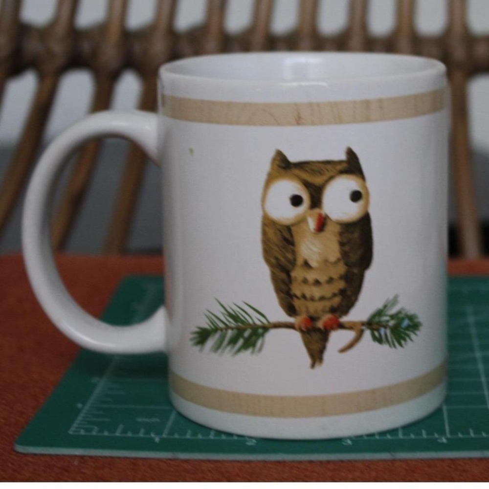 Owl on Pine Branch Stoneware‎ Coffee Mug White Brown 12oz